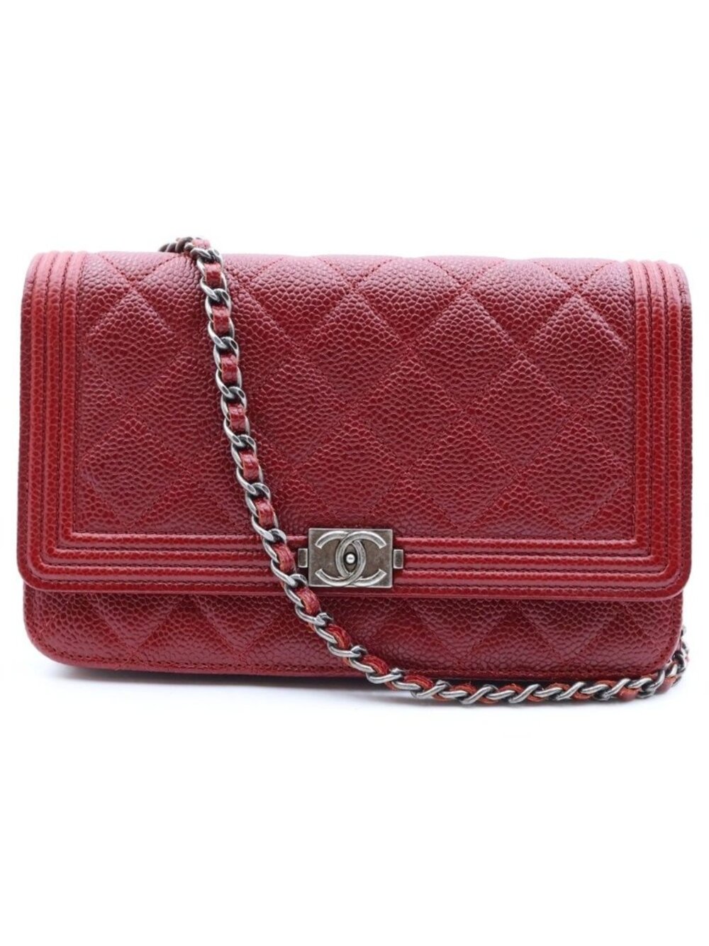 Chanel Boy Quilted Caviar Leather Chain Wallet Shoulder Bag Silver Red